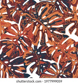 Creative seamless pattern with abstract tropical leaves. Hippie style. Colorful spring or summer background. Trendy botanical swimwear design. Fashion print for textile.	