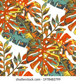 Creative seamless pattern with abstract tropical leaves. Hippie style. Colorful spring or summer background. Trendy botanical swimwear design. Fashion print for textile.	