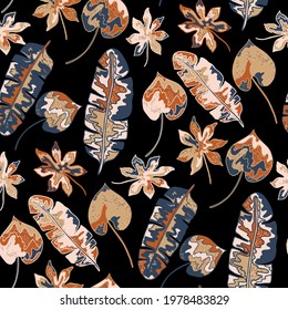 Creative seamless pattern with abstract tropical leaves. Hippie style. Colorful spring or summer background. Trendy botanical swimwear design. Fashion print for textile.	