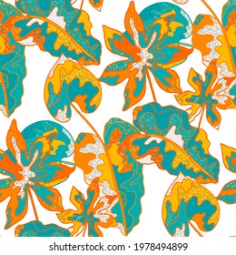 Creative seamless pattern with abstract tropical leaves. Hippie style. Colorful spring or summer background. Trendy botanical swimwear design. Fashion print for textile.	