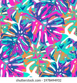 Creative seamless pattern with abstract tropical leaves. Hippie style. Colorful spring or summer background. Trendy botanical swimwear design. Fashion print for textile.	