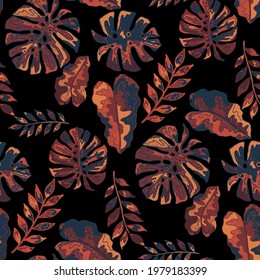 Creative seamless pattern with abstract tropical leaves. Hippie style. Colorful spring or summer background. Trendy botanical swimwear design. Fashion print for textile.	
