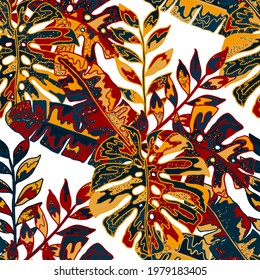 Creative seamless pattern with abstract tropical leaves. Hippie style. Colorful spring or summer background. Trendy botanical swimwear design. Fashion print for textile.	