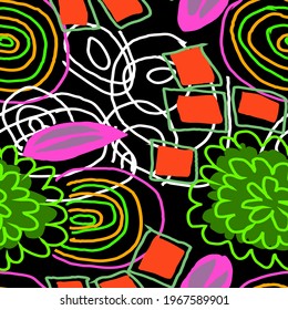 Creative seamless pattern with beautiful bright abstract elements. Colorful texture for any kind of a design. Graphic abstract background. Contemporary art. Trendy modern style.	