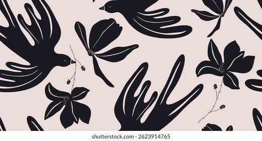 Creative seamless pattern with birds and flowers artistic background. Modern design for paper, cover, fabric, interior decor and other users.
