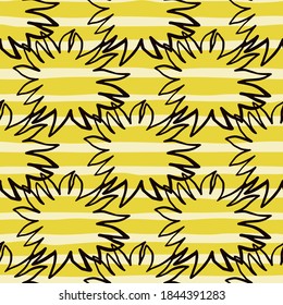 Creative seamless pattern with black contoured star silhouettes. Sunny print with striped yellow and white background. Perfect for fabric design, textile print, wrapping, cover. Vector illustration.