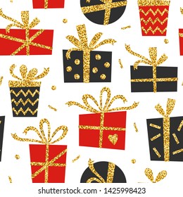 Creative seamless pattern of black and red gift with gold glitter ribbon. Stylish greeting background for christmas, new year and other celebration. Vector illustration 