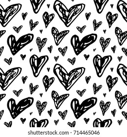 Creative Seamless pattern. Black and white hearts. Artistic universal background. Hand Drawn textures. Design for poster, card, invitation, header, cover, placard, brochure, fabric.