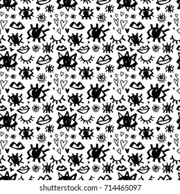 Creative Seamless pattern. Black and white eyes, lips, hearts. Artistic universal background. Hand Drawn textures. Design for poster, card, invitation, header, cover, placard, brochure, fabric.
