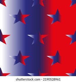 Creative seamless pattern with blue, red and white neon 3d stars like color usa flag on beautiful gradient background. Christmas concept. New year wrapping paper for gift box. 