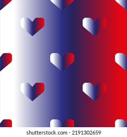 Creative seamless pattern with blue, white and red neon 3d hearts in color of usa flag on beautiful gradient background. New year wrapping paper for gift box. Independence day concept.
