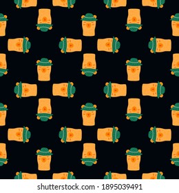 Creative seamless pattern with bright orange bears in hats ornament. Black background. Simple design. Flat vector print for textile, fabric, giftwrap, wallpapers. Endless illustration.