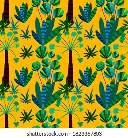 Creative seamless pattern with cartoon forest. Bright summer print with tropical leaves. Tropical pattern. Jungle exotic summer print. 