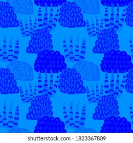 Creative seamless pattern with cartoon forest. Bright summer print with tropical leaves. Tropical pattern. Jungle exotic summer print. 