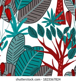 Creative seamless pattern with cartoon forest. Bright summer print with tropical leaves. Tropical pattern. Jungle exotic summer print. 