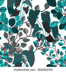 Creative seamless pattern with cartoon forest. Bright summer print with tropical leaves. Tropical pattern. Jungle exotic summer print. 