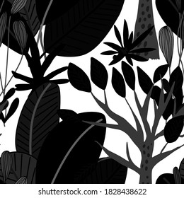 Creative seamless pattern with cartoon forest. Bright summer print with tropical leaves. Tropical pattern. Jungle exotic summer print. 