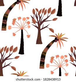 Creative seamless pattern with cartoon forest. Bright summer print with tropical leaves. Tropical pattern. Jungle exotic summer print. 