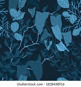 Creative seamless pattern with cartoon forest. Bright summer print with tropical leaves. Tropical pattern. Jungle exotic summer print. 