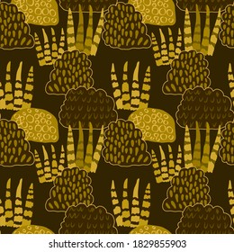 Creative seamless pattern with cartoon forest. Bright summer print with tropical leaves. Tropical pattern. Jungle exotic summer print. 