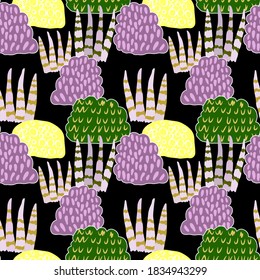 Creative seamless pattern with cartoon forest. Bright summer print with tropical leaves. Tropical pattern. Jungle exotic summer print. 