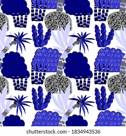 Creative seamless pattern with cartoon forest. Bright summer print with tropical leaves. Tropical pattern. Jungle exotic summer print. 