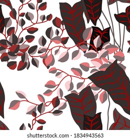 Creative seamless pattern with cartoon forest. Bright summer print with tropical leaves. Tropical pattern. Jungle exotic summer print. 