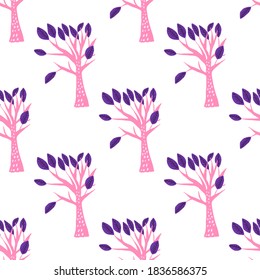 Creative seamless pattern with cartoon forest. Bright summer print with tropical leaves. Tropical pattern. Jungle exotic summer print. 