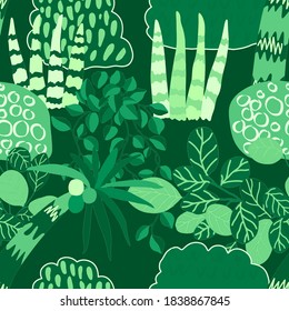 Creative seamless pattern with cartoon forest. Bright summer print with tropical leaves. Tropical pattern. Jungle exotic summer print.	
