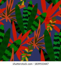 Creative seamless pattern with cartoon forest. Bright summer print with tropical leaves. Tropical pattern. Jungle exotic summer print.	