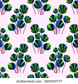 Creative seamless pattern with cartoon forest. Bright summer print with tropical leaves. Tropical pattern. Jungle exotic summer print.	