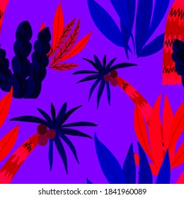 Creative seamless pattern with cartoon forest. Bright summer print with tropical leaves. Tropical pattern. Jungle exotic summer print.	