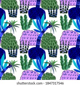 Patrón creativo sin fisuras con el bosque de dibujos animados. Brillante impresión de verano con hojas tropicales. Patrón tropical. Impresión veraniega exótica de la jungla.	