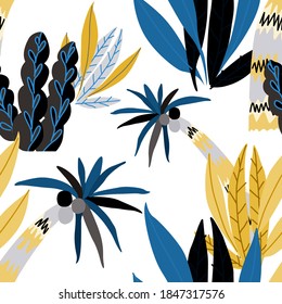 Creative seamless pattern with cartoon forest. Bright summer print with tropical leaves. Tropical pattern. Jungle exotic summer print.	
