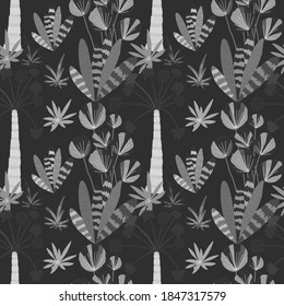 Creative seamless pattern with cartoon forest. Bright summer print with tropical leaves. Tropical pattern. Jungle exotic summer print.	