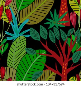 Creative seamless pattern with cartoon forest. Bright summer print with tropical leaves. Tropical pattern. Jungle exotic summer print.	