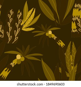 Creative seamless pattern with cartoon forest. Bright summer print with tropical leaves. Tropical pattern. Jungle exotic summer print.	