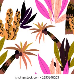 Creative seamless pattern with cartoon forest. Bright summer print with tropical leaves. Tropical pattern. Jungle exotic summer print.	
