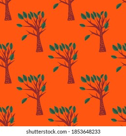 Creative seamless pattern with cartoon forest. Bright summer print with tropical leaves. Tropical pattern. Jungle exotic summer print.	
