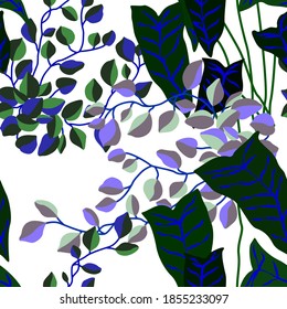 Patrón creativo sin fisuras con el bosque de dibujos animados. Brillante impresión de verano con hojas tropicales. Patrón tropical. Impresión veraniega exótica de la jungla.	