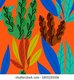 Creative seamless pattern with cartoon forest. Bright summer print with tropical leaves. Tropical pattern. Jungle exotic summer print.	