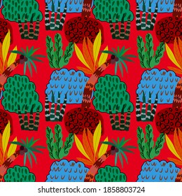 Creative seamless pattern with cartoon forest. Bright summer print with tropical leaves. Tropical pattern. Jungle exotic summer print.	