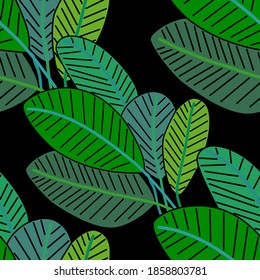 Creative seamless pattern with cartoon forest. Bright summer print with tropical leaves. Tropical pattern. Jungle exotic summer print.	