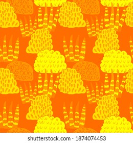 Creative seamless pattern with cartoon forest. Bright summer print with tropical leaves. Tropical pattern. Jungle exotic summer print.	