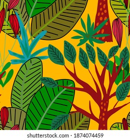 Creative seamless pattern with cartoon forest. Bright summer print with tropical leaves. Tropical pattern. Jungle exotic summer print.	