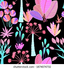 Creative seamless pattern with cartoon forest. Bright summer print with tropical leaves. Tropical pattern. Jungle exotic summer print.	