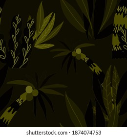 Creative seamless pattern with cartoon forest. Bright summer print with tropical leaves. Tropical pattern. Jungle exotic summer print.	