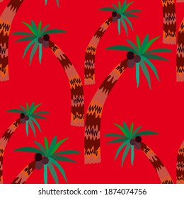 Creative seamless pattern with cartoon forest. Bright summer print with tropical leaves. Tropical pattern. Jungle exotic summer print.	