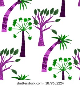 Kreatives nahtloses Muster mit Cartoon-Wald. Heller Sommerdruck mit tropischen Blättern. Tropisches Muster. Dschungle exotische Sommerkurse.	