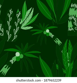 Creative seamless pattern with cartoon forest. Bright summer print with tropical leaves. Tropical pattern. Jungle exotic summer print.	